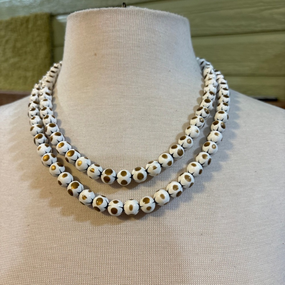 Vintage Double Strand White Gold Polka Dot Starburst Beaded Necklace J958‎